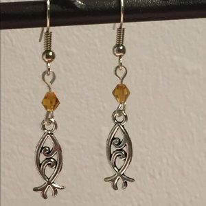 4/$25 ~ Silver Ichthys symbol crystal earrings